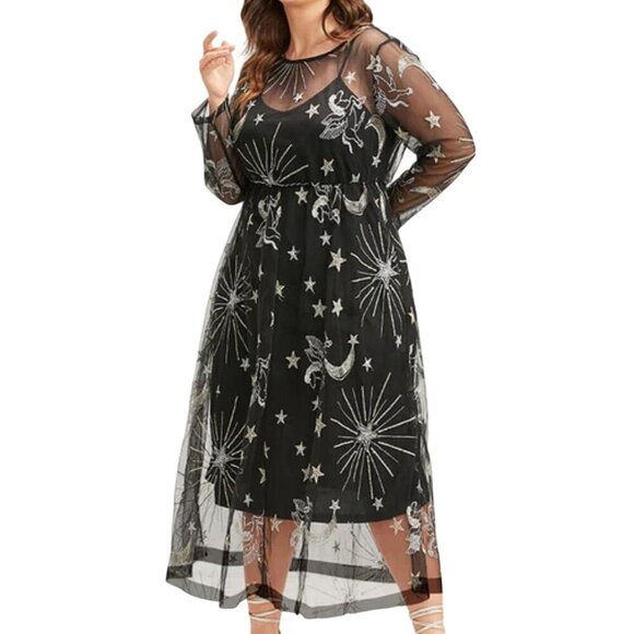 Bloomchic Dress 26 Black Midi Mesh Unicorn Stars Celestial Whimsigoth 90s Fairy - Picture 1 of 13
